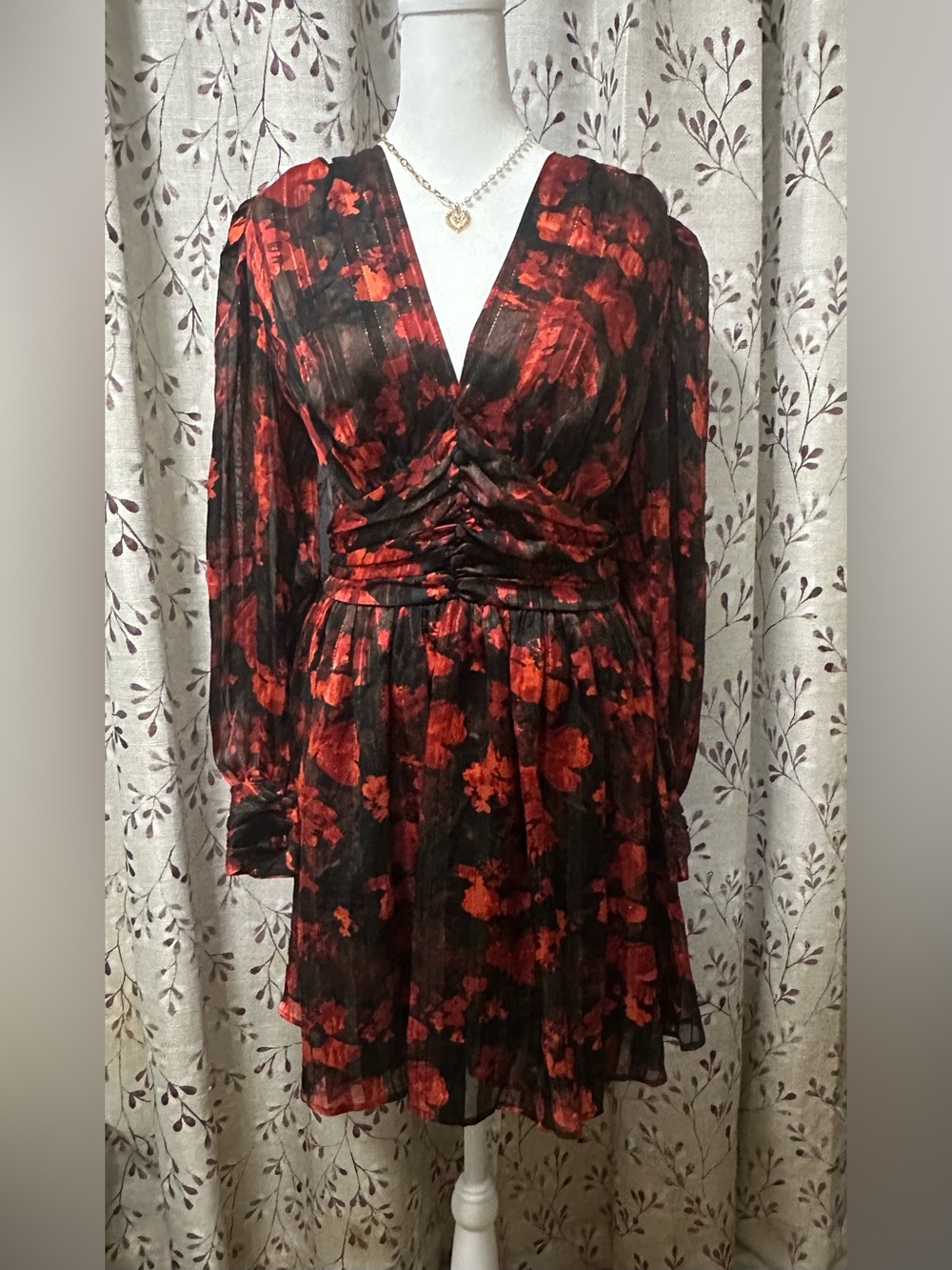 Elan Black Dress with Red Floral Print - V-Neck Long Sleeve